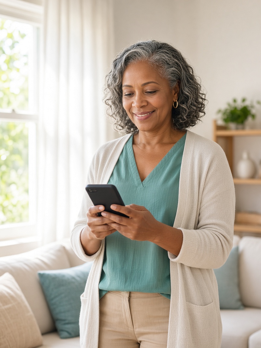 A mature woman at home checking her phone in a bright living room